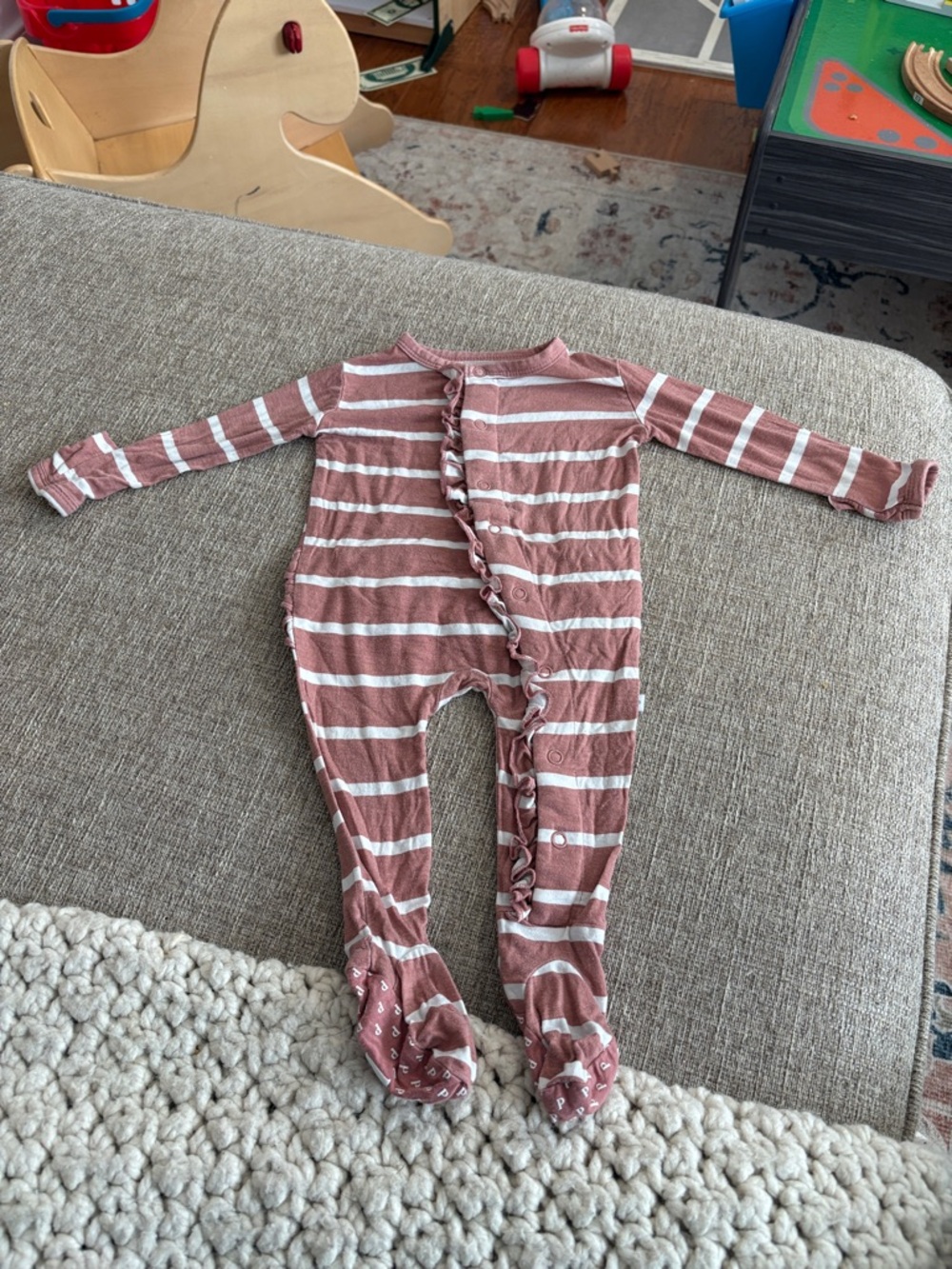 Posh Peanut Mauve & White Striped Ruffle Footed One-Piece